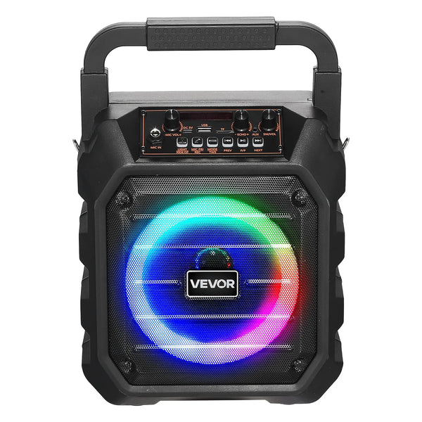 VEVOR pārnēsājamā Bluetooth karaoke ierīce, 20 W, 6,5'' skaļrunis ar 2 bezvadu mikrofoniem, LED apgaismojumu, TWS funkciju, rokturi un plecu siksnu; atbalsta microSD, USB un AUX; piemērota mājas ballītēm