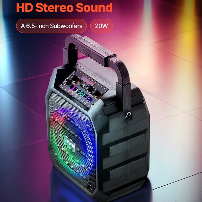 VEVOR pārnēsājamā Bluetooth karaoke ierīce, 20 W, 6,5'' skaļrunis ar 2 bezvadu mikrofoniem, LED apgaismojumu, TWS funkciju, rokturi un plecu siksnu; atbalsta microSD, USB un AUX; piemērota mājas ballītēm