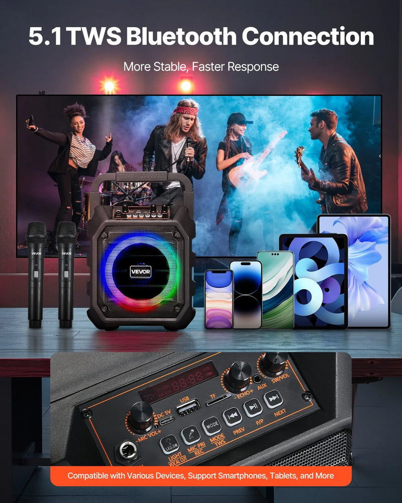 VEVOR pārnēsājamā Bluetooth karaoke ierīce, 20 W, 6,5'' skaļrunis ar 2 bezvadu mikrofoniem, LED apgaismojumu, TWS funkciju, rokturi un plecu siksnu; atbalsta microSD, USB un AUX; piemērota mājas ballītēm