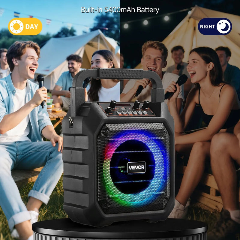 VEVOR pārnēsājamā Bluetooth karaoke ierīce, 20 W, 6,5'' skaļrunis ar 2 bezvadu mikrofoniem, LED apgaismojumu, TWS funkciju, rokturi un plecu siksnu; atbalsta microSD, USB un AUX; piemērota mājas ballītēm