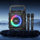 VEVOR pārnēsājamā Bluetooth karaoke ierīce, 20 W, 6,5'' skaļrunis ar 2 bezvadu mikrofoniem, LED apgaismojumu, TWS funkciju, rokturi un plecu siksnu; atbalsta microSD, USB un AUX; piemērota mājas ballītēm