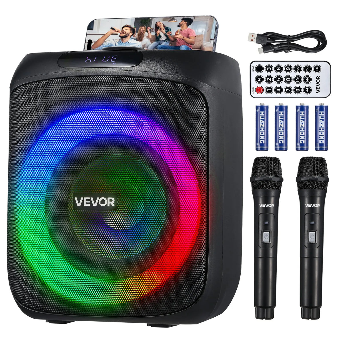VEVOR karaoke sistēma pieaugušajiem, 30 W, 6.5'' pārnēsājamais Bluetooth skaļrunis ar 2 bezvadu mikrofoniem, LED apgaismojumu, TWS funkciju un rokturi; atbalsta micro TF karti, USB un AUX