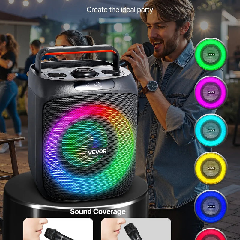 VEVOR karaoke sistēma pieaugušajiem, 30 W, 6.5'' pārnēsājamais Bluetooth skaļrunis ar 2 bezvadu mikrofoniem, LED apgaismojumu, TWS funkciju un rokturi; atbalsta micro TF karti, USB un AUX