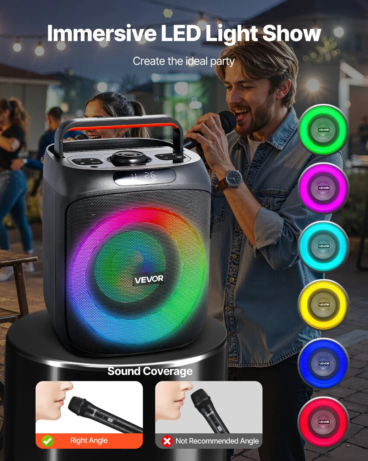 VEVOR karaoke sistēma pieaugušajiem, 30 W, 6.5'' pārnēsājamais Bluetooth skaļrunis ar 2 bezvadu mikrofoniem, LED apgaismojumu, TWS funkciju un rokturi; atbalsta micro TF karti, USB un AUX