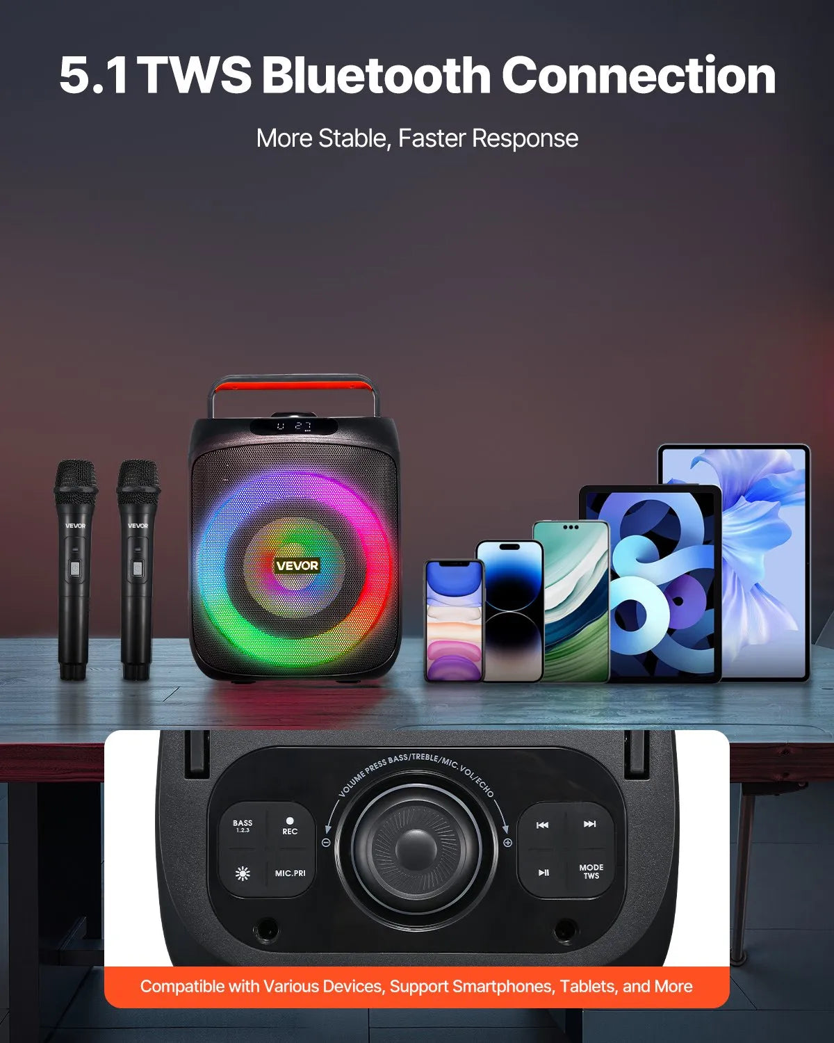VEVOR karaoke sistēma pieaugušajiem, 30 W, 6.5'' pārnēsājamais Bluetooth skaļrunis ar 2 bezvadu mikrofoniem, LED apgaismojumu, TWS funkciju un rokturi; atbalsta micro TF karti, USB un AUX