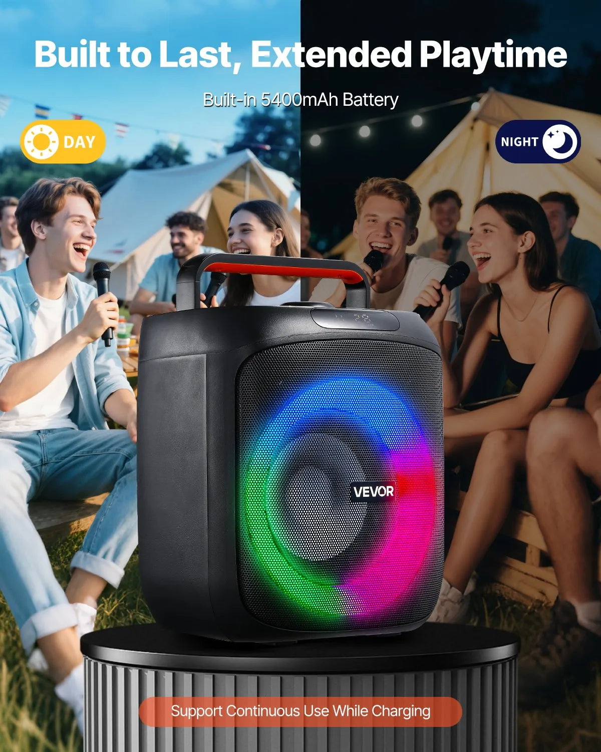 VEVOR karaoke sistēma pieaugušajiem, 30 W, 6.5'' pārnēsājamais Bluetooth skaļrunis ar 2 bezvadu mikrofoniem, LED apgaismojumu, TWS funkciju un rokturi; atbalsta micro TF karti, USB un AUX