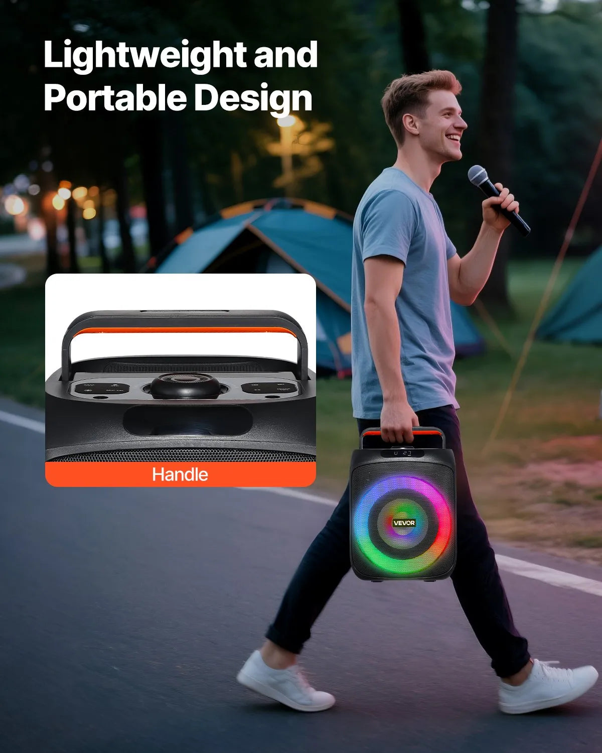 VEVOR karaoke sistēma pieaugušajiem, 30 W, 6.5'' pārnēsājamais Bluetooth skaļrunis ar 2 bezvadu mikrofoniem, LED apgaismojumu, TWS funkciju un rokturi; atbalsta micro TF karti, USB un AUX