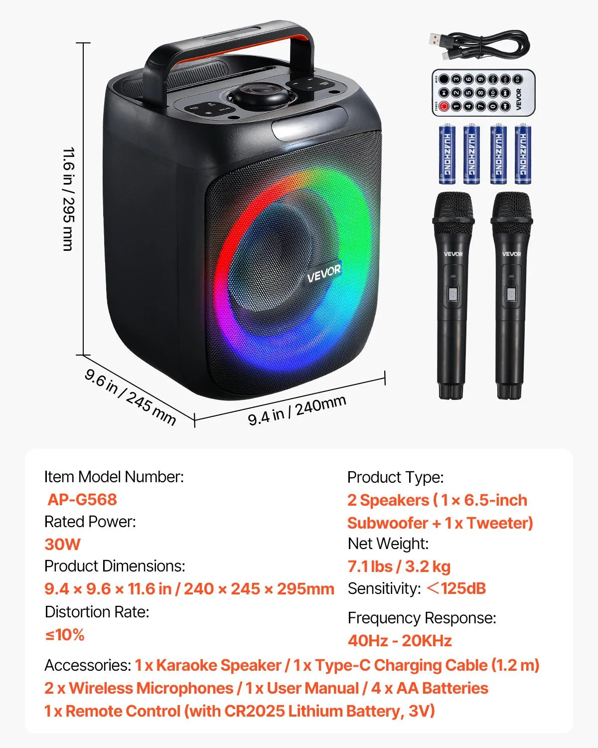 VEVOR karaoke sistēma pieaugušajiem, 30 W, 6.5'' pārnēsājamais Bluetooth skaļrunis ar 2 bezvadu mikrofoniem, LED apgaismojumu, TWS funkciju un rokturi; atbalsta micro TF karti, USB un AUX