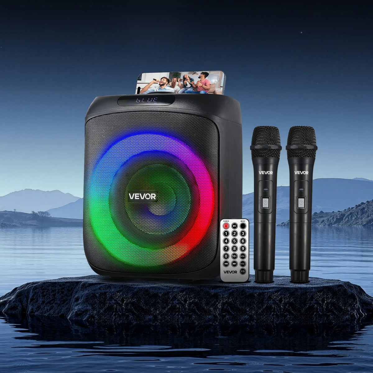 VEVOR karaoke sistēma pieaugušajiem, 30 W, 6.5'' pārnēsājamais Bluetooth skaļrunis ar 2 bezvadu mikrofoniem, LED apgaismojumu, TWS funkciju un rokturi; atbalsta micro TF karti, USB un AUX