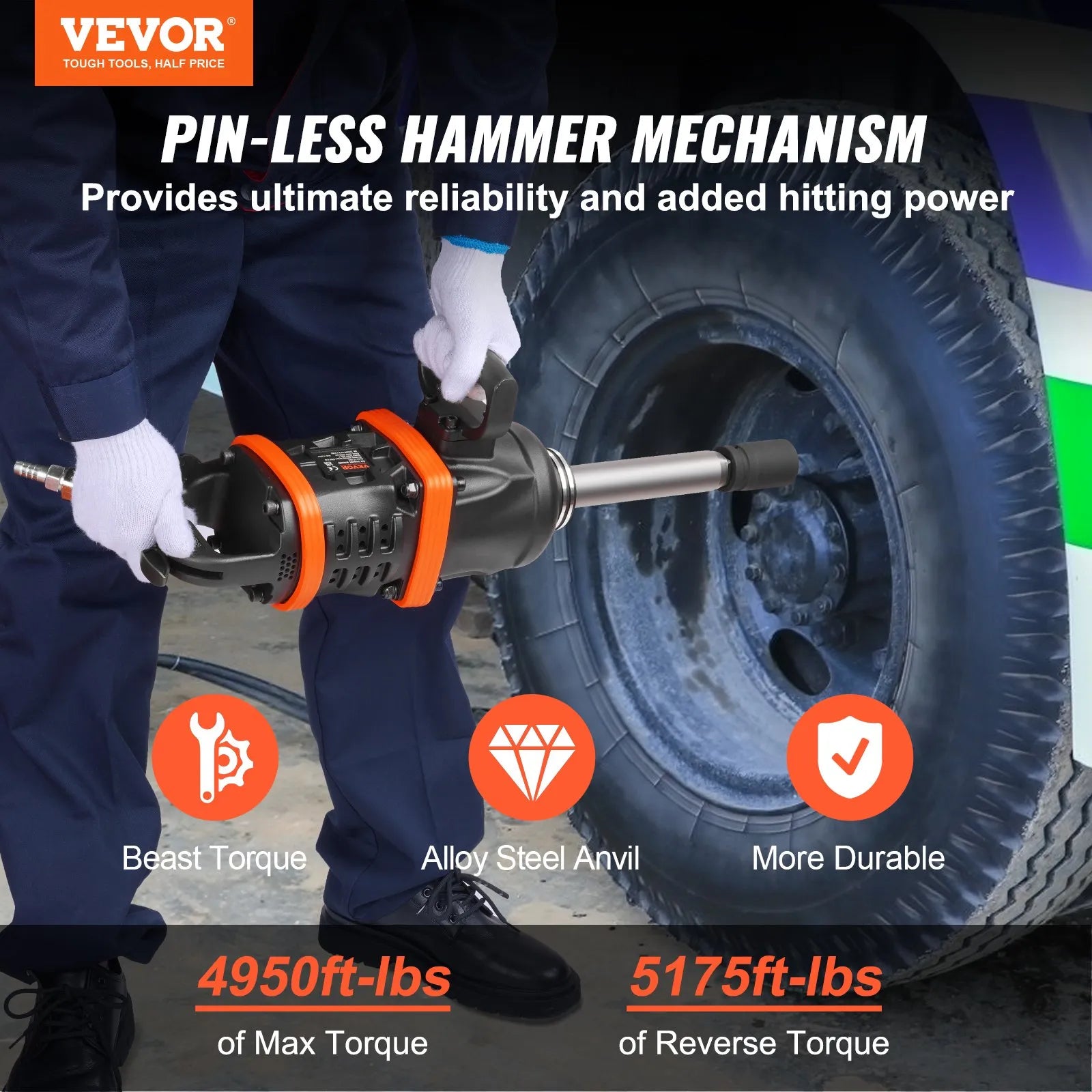 VEVOR pneimatiskā triecienskrūvgrieze, 25 mm, ar maksimālo griezes momentu 7016 N·m, 200 mm pagarinātu vārpstu, paredzēta smagsvara tehnikas, kravas automobiļu un autobusu remontam un apkopei