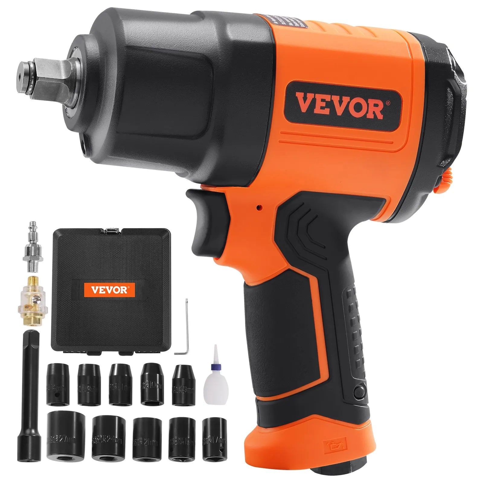 VEVOR pneimatiskā triecienskrūvgrieze, 13 mm, ar maksimālo griezes momentu 1895 N·m, viegla 2,1 kg konstrukcija, komplektā ar 11 Cr-V tērauda uzgriežņu ligzdām un pārnēsājamo kasti