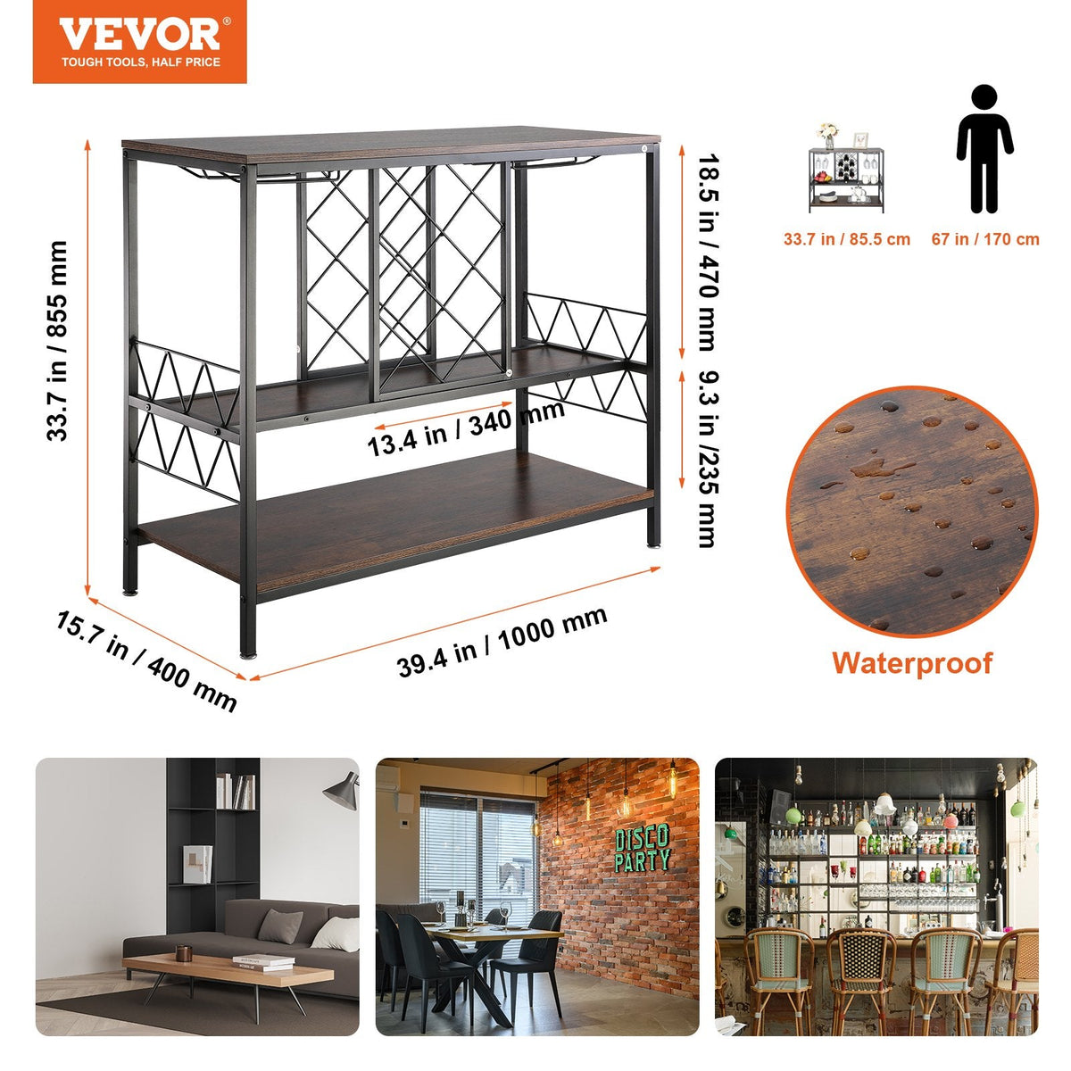 VEVOR 101 cm industriālais bāra skapītis ar vīna stendu un glāžu turētāju, brīvi stāvošs lauku stila kafijas bārs viesistabai