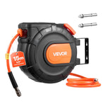 VEVOR automātiski uztinams gaisa šļūtenes rullis, 15 m × 9,5 mm PVC gaisa šļūtene, maks. spiediens 20,7 bar, slēgts gaisa kompresora šļūtenes rullis ar automātisko uztīšanu, 1 m pievades šļūtene, 180° grozāma sienas/griestu montāža garāžām un darbnīcām