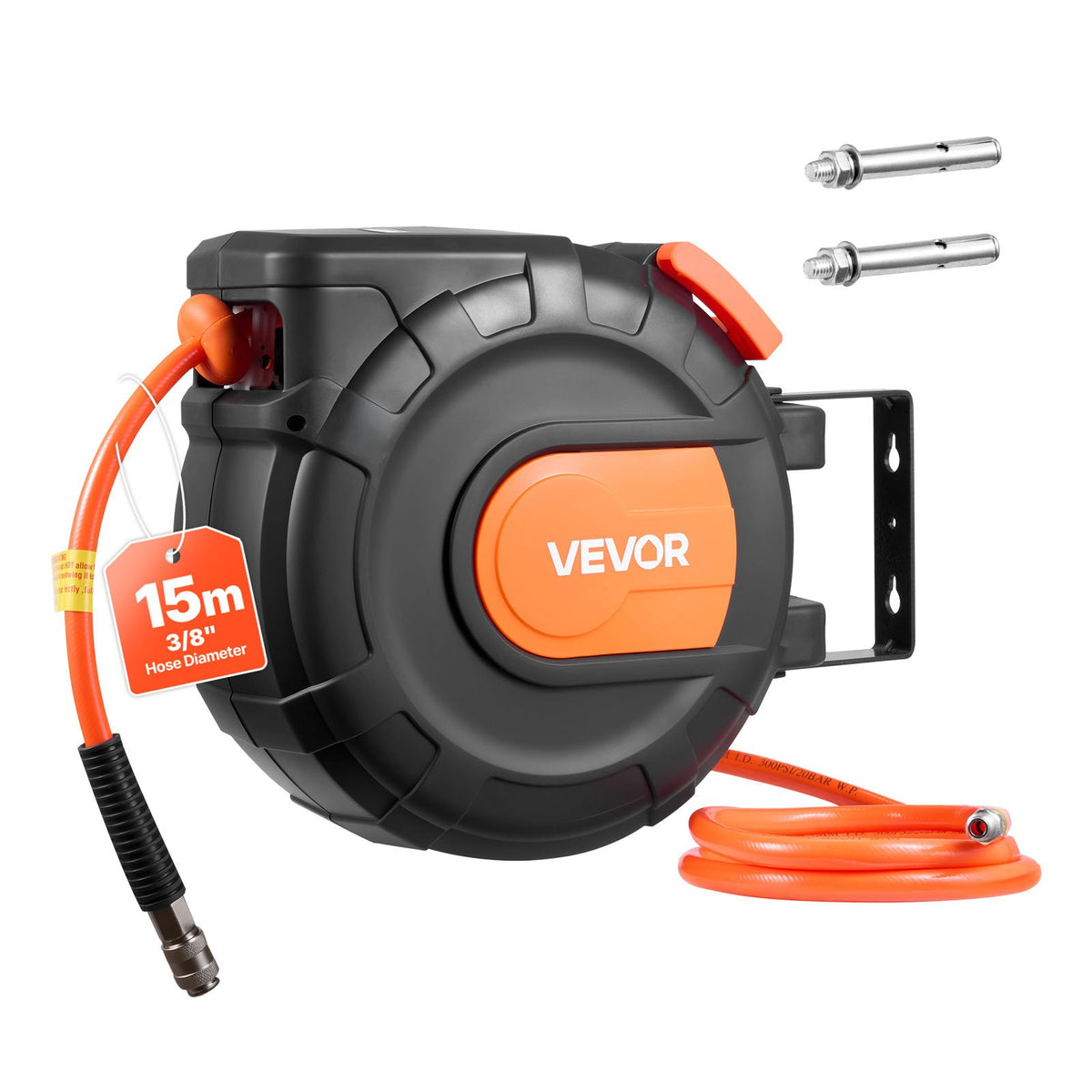 VEVOR automātiski uztinams gaisa šļūtenes rullis, 15 m × 9,5 mm PVC gaisa šļūtene, maks. spiediens 20,7 bar, slēgts gaisa kompresora šļūtenes rullis ar automātisko uztīšanu, 1 m pievades šļūtene, 180° grozāma sienas/griestu montāža garāžām un darbnīcām