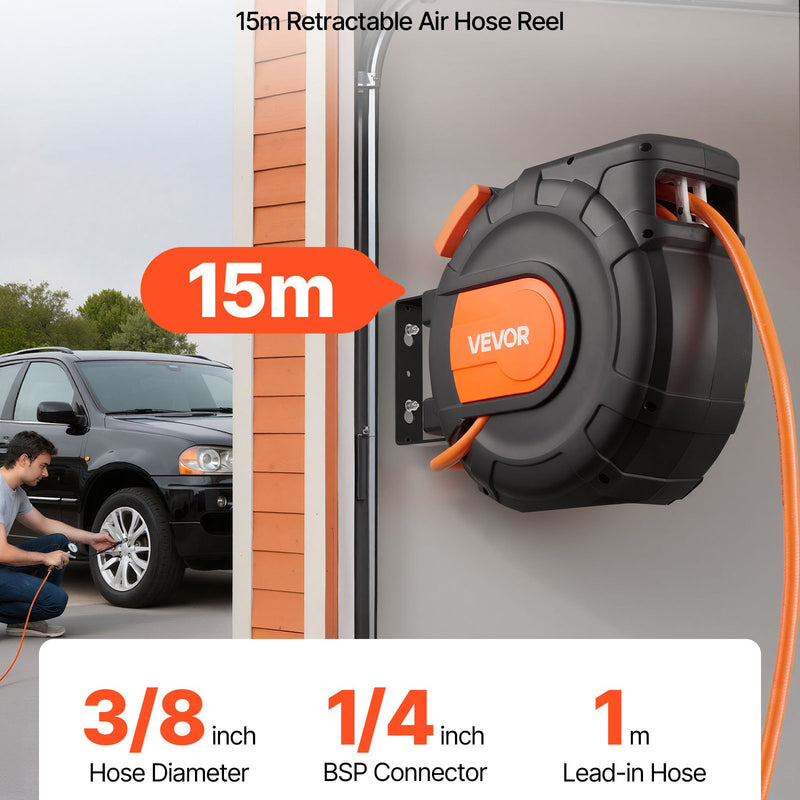 VEVOR automātiski uztinams gaisa šļūtenes rullis, 15 m × 9,5 mm PVC gaisa šļūtene, maks. spiediens 20,7 bar, slēgts gaisa kompresora šļūtenes rullis ar automātisko uztīšanu, 1 m pievades šļūtene, 180° grozāma sienas/griestu montāža garāžām un darbnīcām