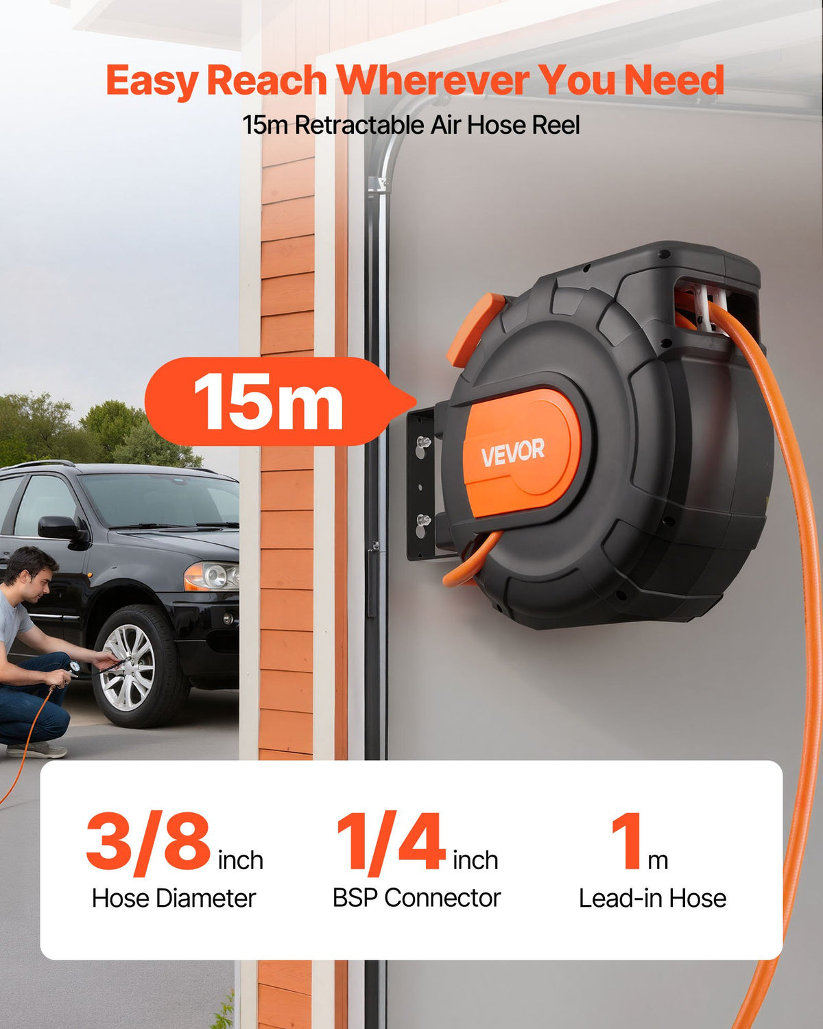 VEVOR automātiski uztinams gaisa šļūtenes rullis, 15 m × 9,5 mm PVC gaisa šļūtene, maks. spiediens 20,7 bar, slēgts gaisa kompresora šļūtenes rullis ar automātisko uztīšanu, 1 m pievades šļūtene, 180° grozāma sienas/griestu montāža garāžām un darbnīcām