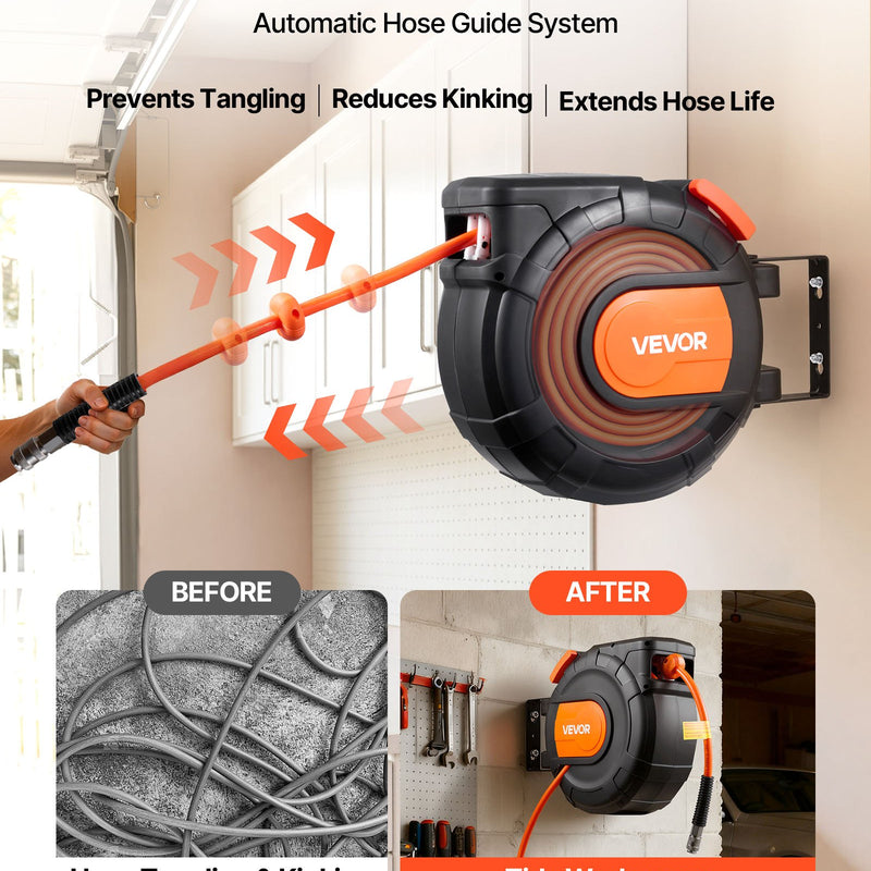 VEVOR automātiski uztinams gaisa šļūtenes rullis, 15 m × 9,5 mm PVC gaisa šļūtene, maks. spiediens 20,7 bar, slēgts gaisa kompresora šļūtenes rullis ar automātisko uztīšanu, 1 m pievades šļūtene, 180° grozāma sienas/griestu montāža garāžām un darbnīcām
