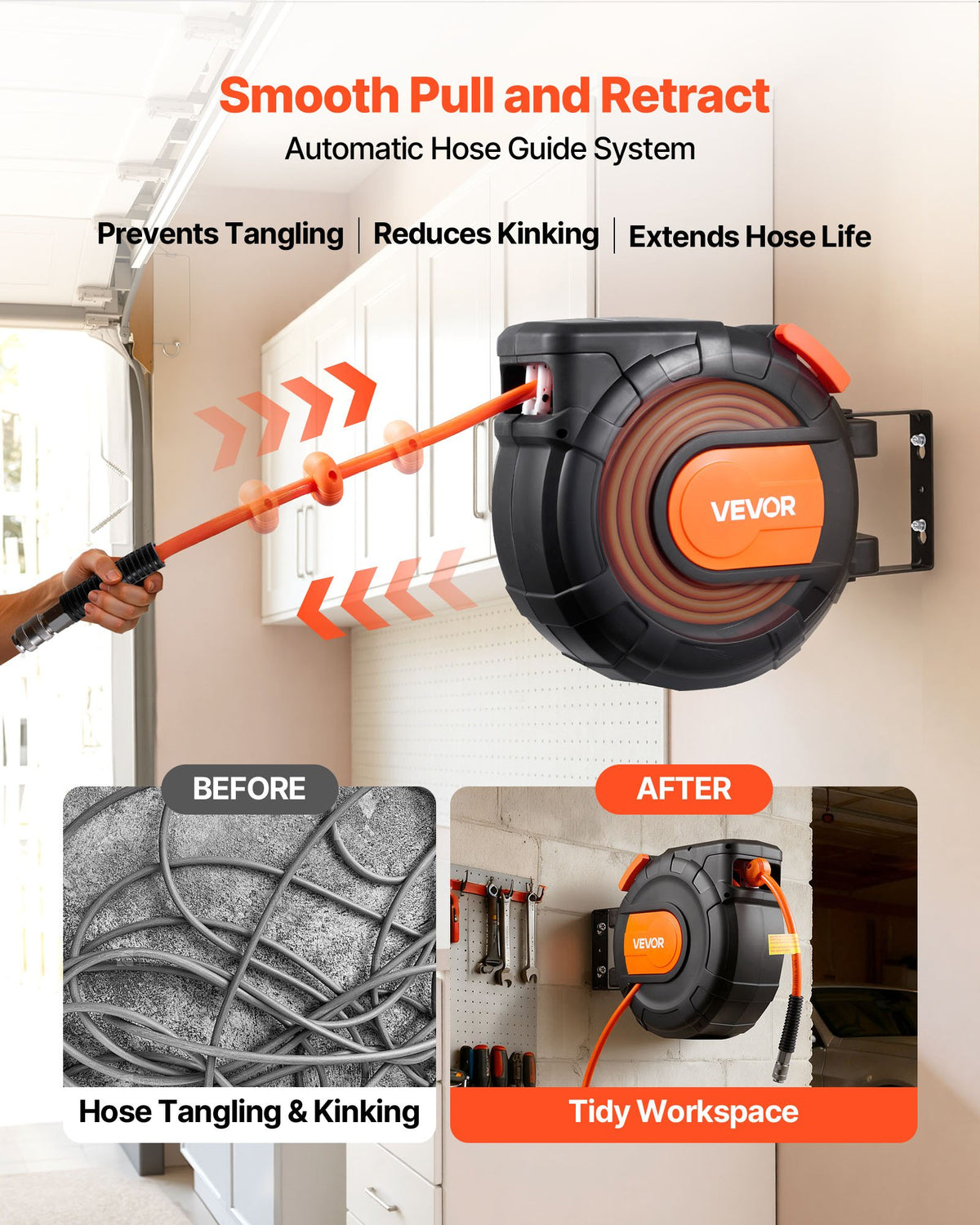VEVOR automātiski uztinams gaisa šļūtenes rullis, 15 m × 9,5 mm PVC gaisa šļūtene, maks. spiediens 20,7 bar, slēgts gaisa kompresora šļūtenes rullis ar automātisko uztīšanu, 1 m pievades šļūtene, 180° grozāma sienas/griestu montāža garāžām un darbnīcām