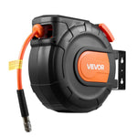 VEVOR automātiski uztinams gaisa šļūtenes rullis, 15 m × 9,5 mm PVC gaisa šļūtene, maks. spiediens 20,7 bar, slēgts gaisa kompresora šļūtenes rullis ar automātisko uztīšanu, 1 m pievades šļūtene, 180° grozāma sienas/griestu montāža garāžām un darbnīcām