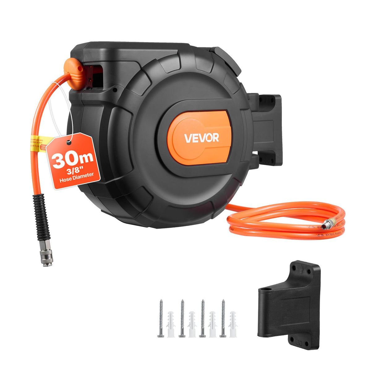 VEVOR izvelkams gaisa šļūtenes ruļļa mehānisms, 30 m × 9,5 mm PVC gaisa šļūtene ar automātisku uztīšanu, līdz 20,7 bar, 2 m pievades šļūtene, 180° grozāms sienas stiprinājums garāžām un darbnīcām
