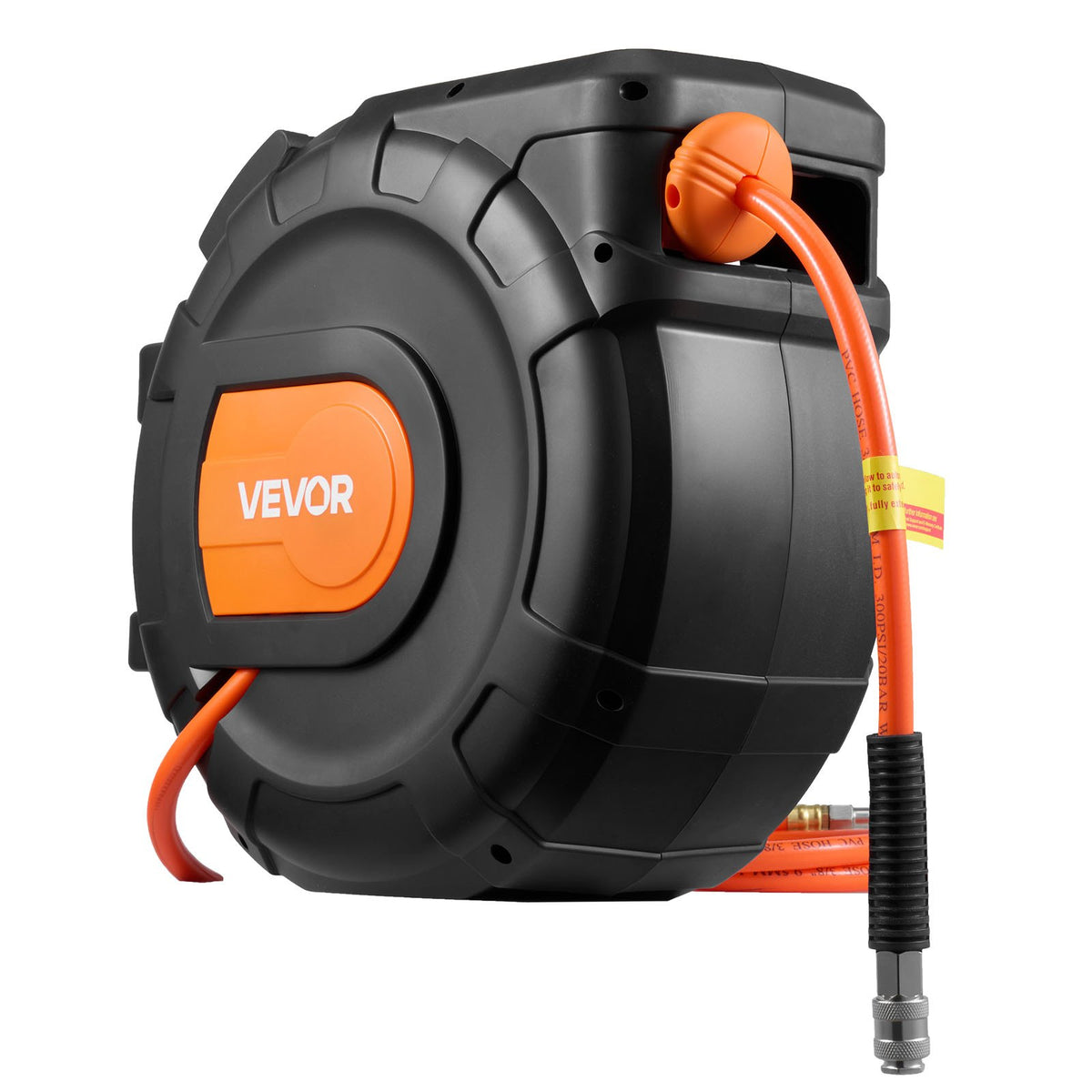 VEVOR izvelkams gaisa šļūtenes ruļļa mehānisms, 30 m × 9,5 mm PVC gaisa šļūtene ar automātisku uztīšanu, līdz 20,7 bar, 2 m pievades šļūtene, 180° grozāms sienas stiprinājums garāžām un darbnīcām