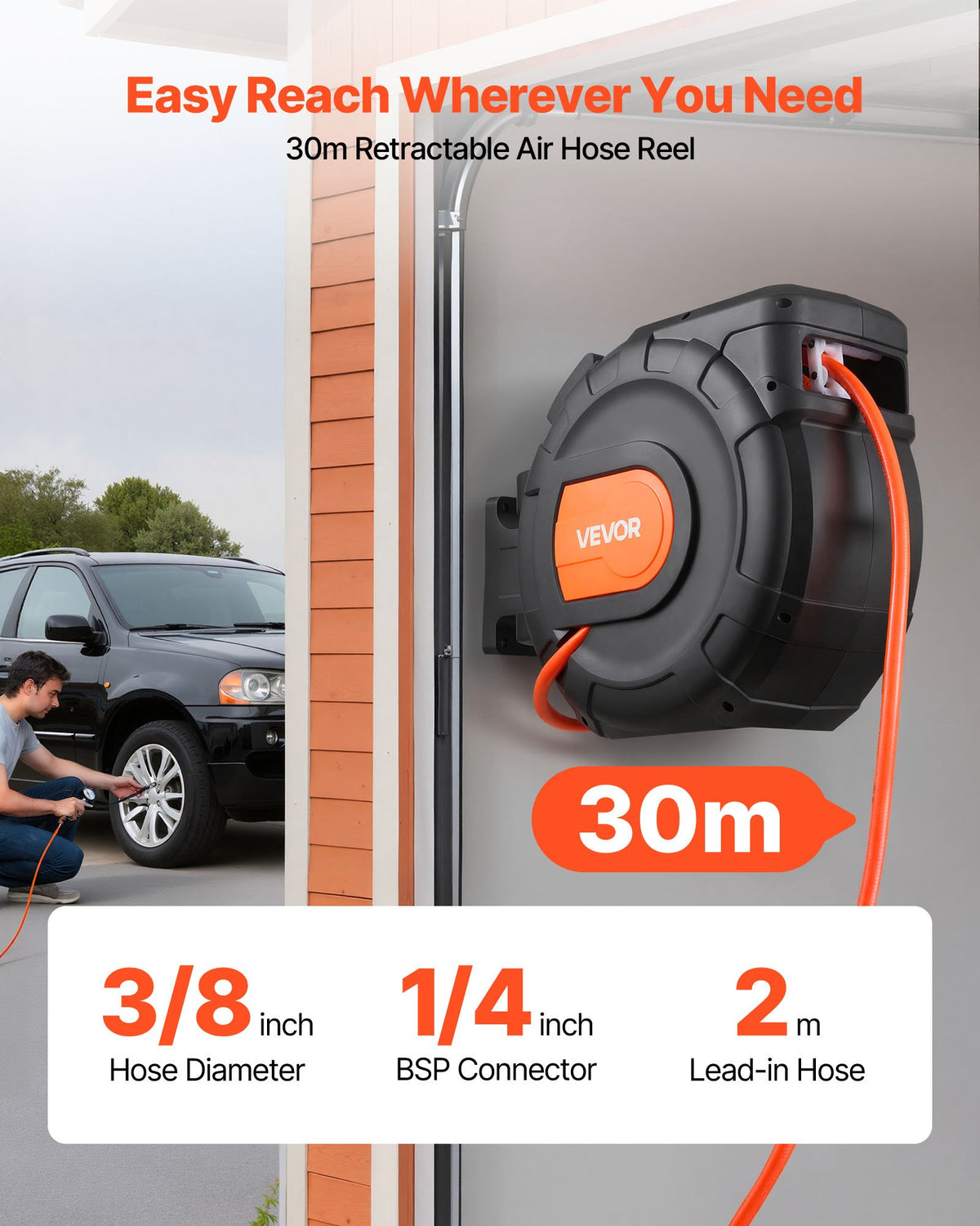 VEVOR izvelkams gaisa šļūtenes ruļļa mehānisms, 30 m × 9,5 mm PVC gaisa šļūtene ar automātisku uztīšanu, līdz 20,7 bar, 2 m pievades šļūtene, 180° grozāms sienas stiprinājums garāžām un darbnīcām