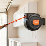 VEVOR izvelkams gaisa šļūtenes ruļļa mehānisms, 30 m × 9,5 mm PVC gaisa šļūtene ar automātisku uztīšanu, līdz 20,7 bar, 2 m pievades šļūtene, 180° grozāms sienas stiprinājums garāžām un darbnīcām