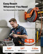 VEVOR automātiski uztinams gaisa šļūtenes rullis, 15 m × 9,5 mm hibrīda gaisa šļūtene, maks. spiediens 20,7 bar, auto-uztīšana gaisa kompresoram, 1,52 m pievades šļūtene, sienas/griestu montāža, pastiprināts tērauda dubultais kronšteins