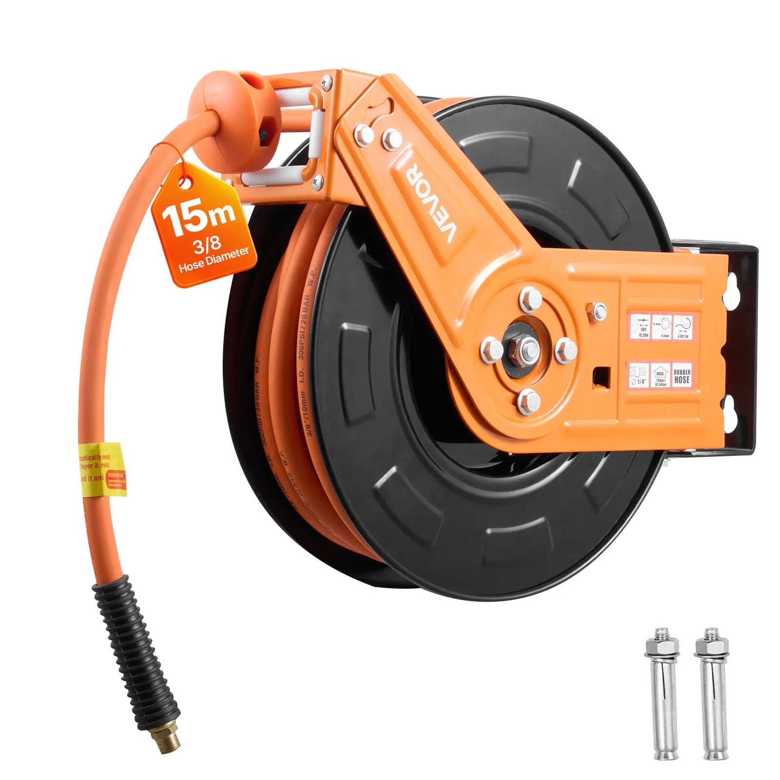 VEVOR automātiski uztinams gaisa šļūtenes rullis, 15 m × 9,5 mm gumijas gaisa šļūtene, maks. spiediens 20,7 bar, automātiskā uztīšana gaisa kompresoram ar 1 m pievades šļūteni, 180° grozāma sienas/griestu montāža garāžām un darbnīcām