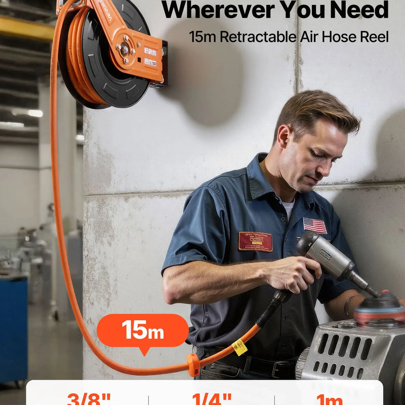 VEVOR automātiski uztinams gaisa šļūtenes rullis, 15 m × 9,5 mm gumijas gaisa šļūtene, maks. spiediens 20,7 bar, automātiskā uztīšana gaisa kompresoram ar 1 m pievades šļūteni, 180° grozāma sienas/griestu montāža garāžām un darbnīcām