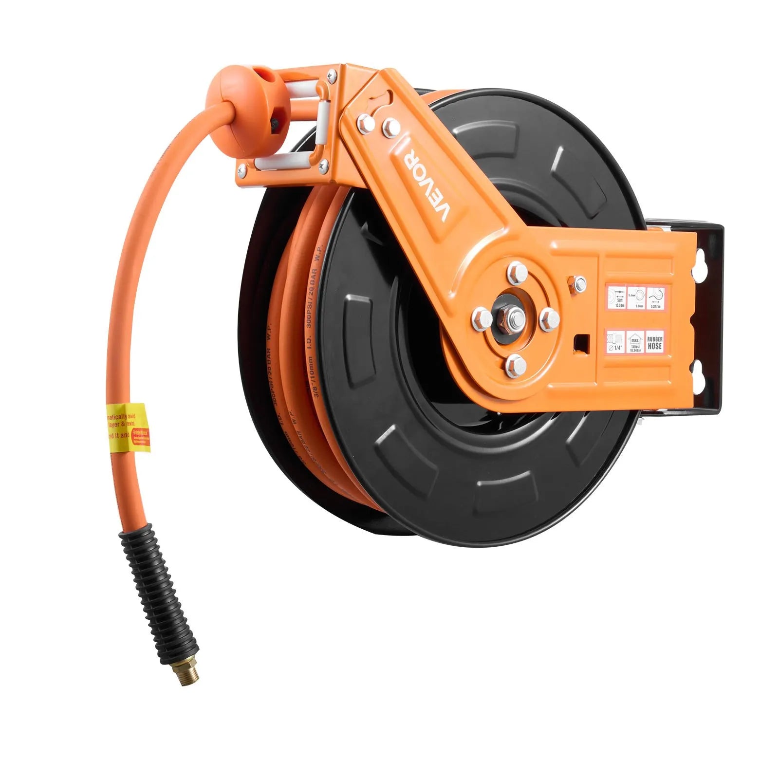VEVOR automātiski uztinams gaisa šļūtenes rullis, 15 m × 9,5 mm gumijas gaisa šļūtene, maks. spiediens 20,7 bar, automātiskā uztīšana gaisa kompresoram ar 1 m pievades šļūteni, 180° grozāma sienas/griestu montāža garāžām un darbnīcām