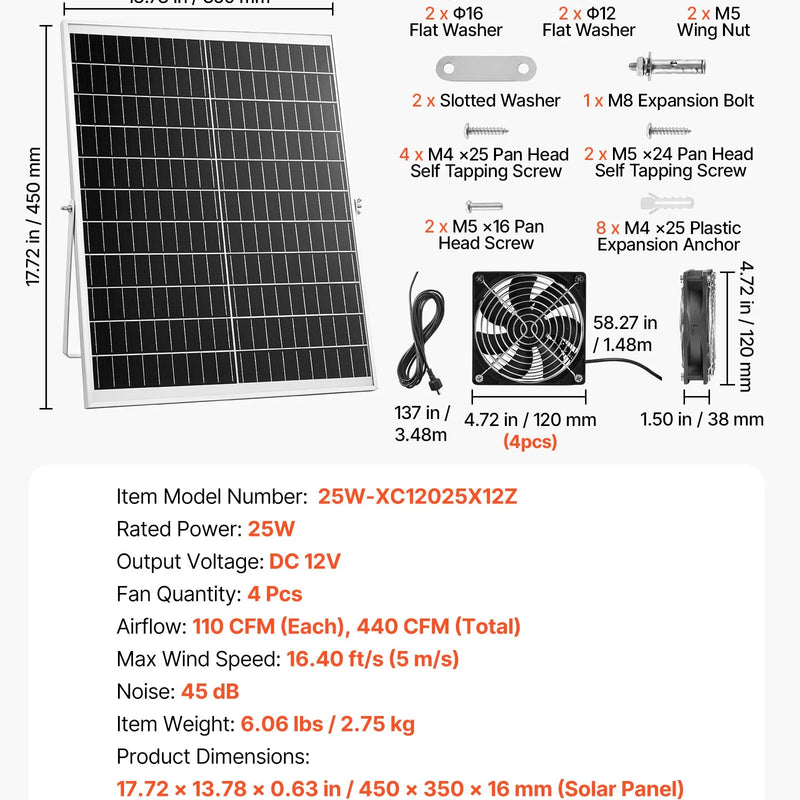 VEVOR saules enerģijas ventilators ar 25 W saules paneli un 4 ventilatoriem, regulējams paneļa leņķis, 2668 apgr./min, elastīga uzstādīšana, ātra gaisa apmaiņa siltumnīcām, audzēšanas teltīm un mājputnu novietnēm