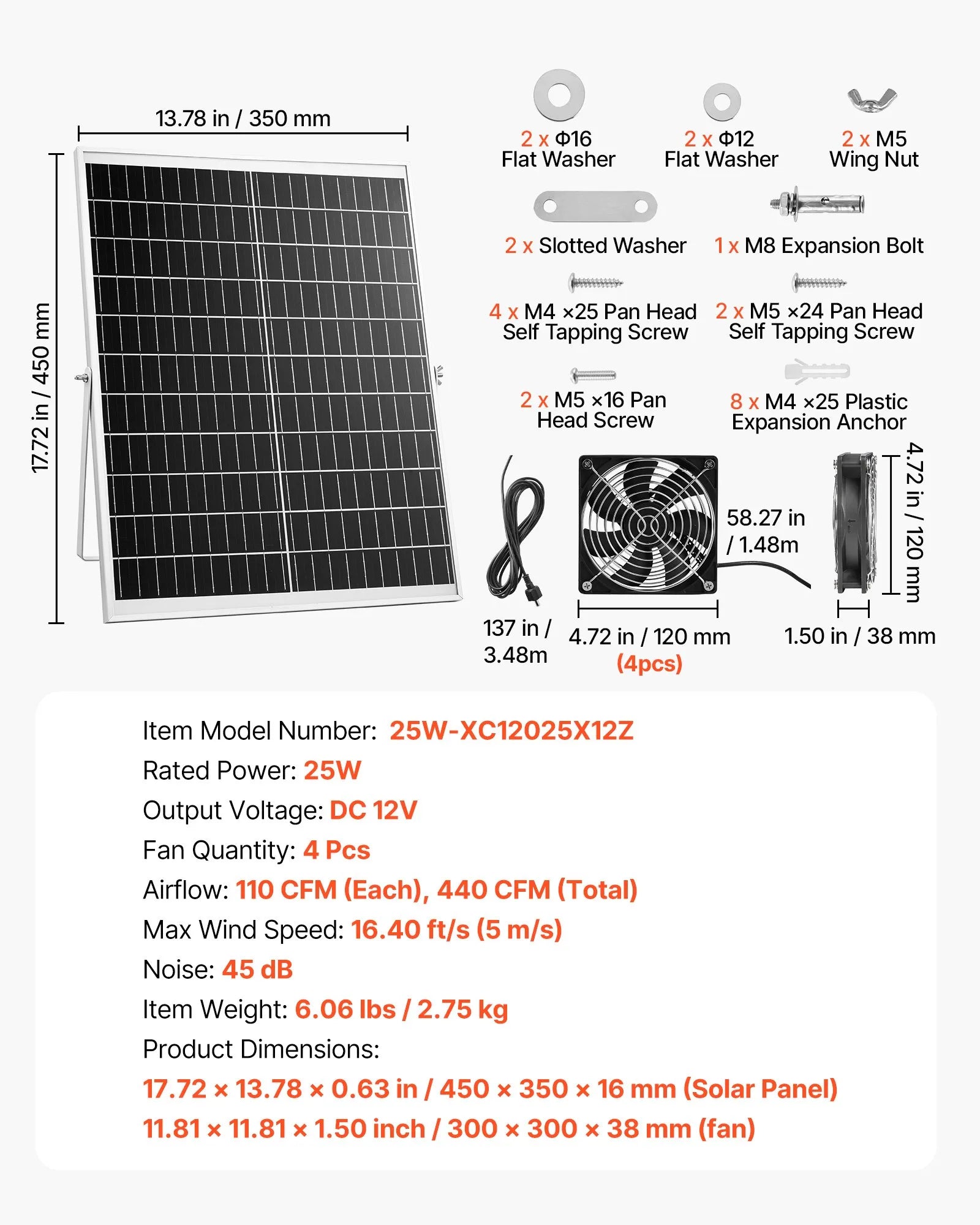VEVOR saules enerģijas ventilators ar 25 W saules paneli un 4 ventilatoriem, regulējams paneļa leņķis, 2668 apgr./min, elastīga uzstādīšana, ātra gaisa apmaiņa siltumnīcām, audzēšanas teltīm un mājputnu novietnēm