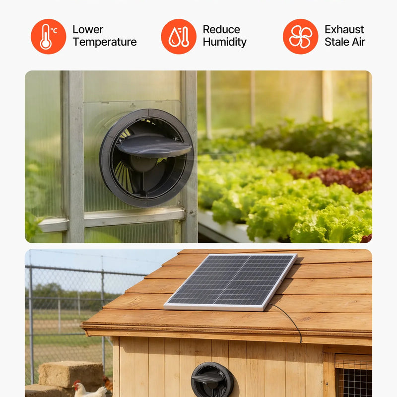 VEVOR saules paneļa ventilators 25 W ar 374 m³/h gaisa plūsmu, regulējams paneļa leņķis, 2030 apgr./min, elastīga uzstādīšana siltumnīcām, audzēšanas teltīm, vistu kūtīm un nojumēm