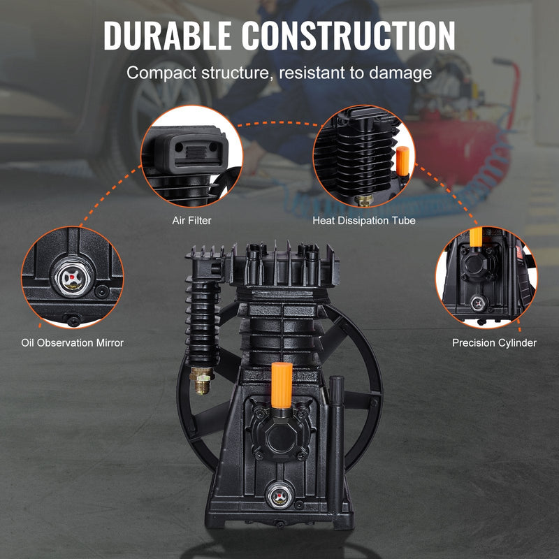 VEVOR gaisa kompresora sūkņa galva 3 HP, 5,8 CFM @ 90 PSI, divcilindru virzuļu tips