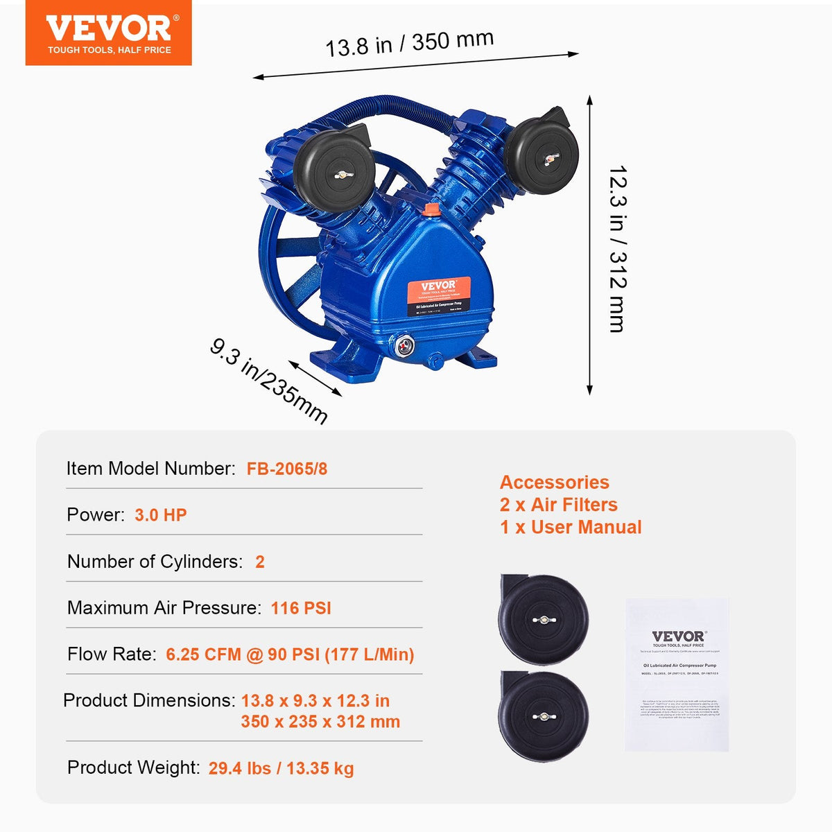 VEVOR gaisa kompresora sūkņa galva 3 HP, 6,25 CFM @ 6,2 bar, divcilindru virzuļa sūkņa galva
