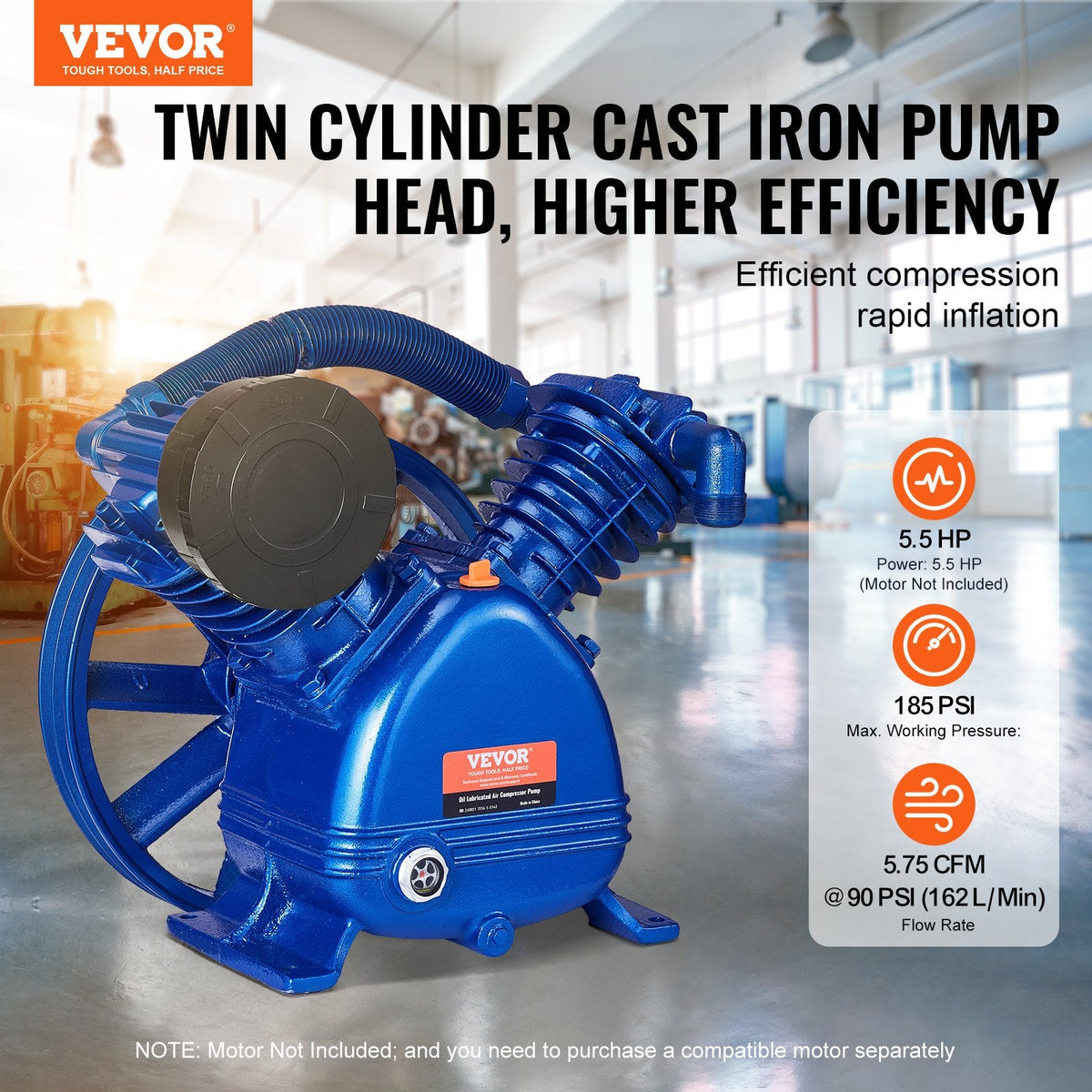 VEVOR gaisa kompresora sūkņa galva 5,5 HP, 5,75 CFM @ 90 PSI, 2 cilindru virzuļa sūknis