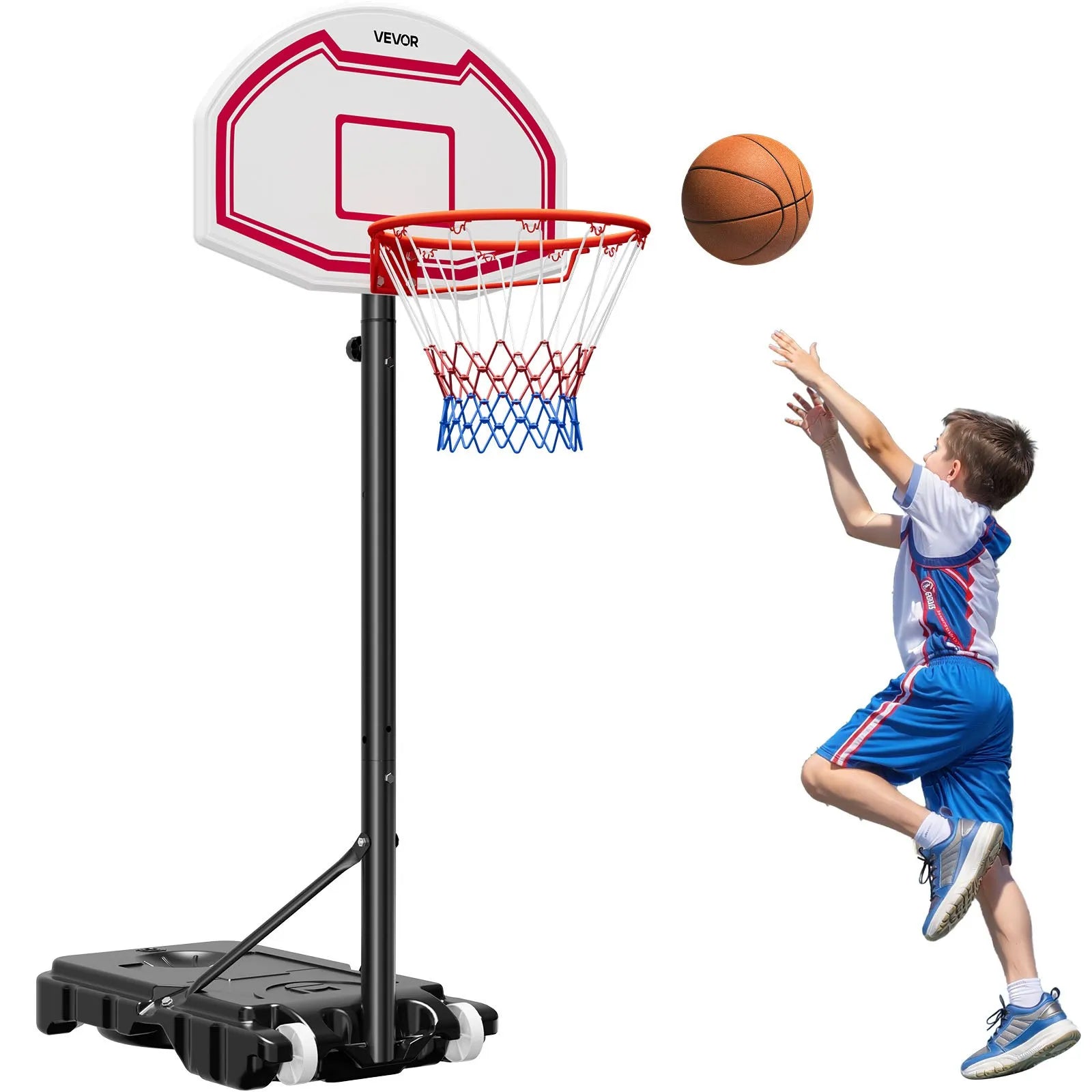 VEVOR pārnēsājams basketbola statīvs ar regulējamu augstumu 1,6–2,1 m, bērnu basketbola grozs ar neilona tīklu un riteņiem, pārnēsājams vairoga komplekts terasēm un baseina zonai