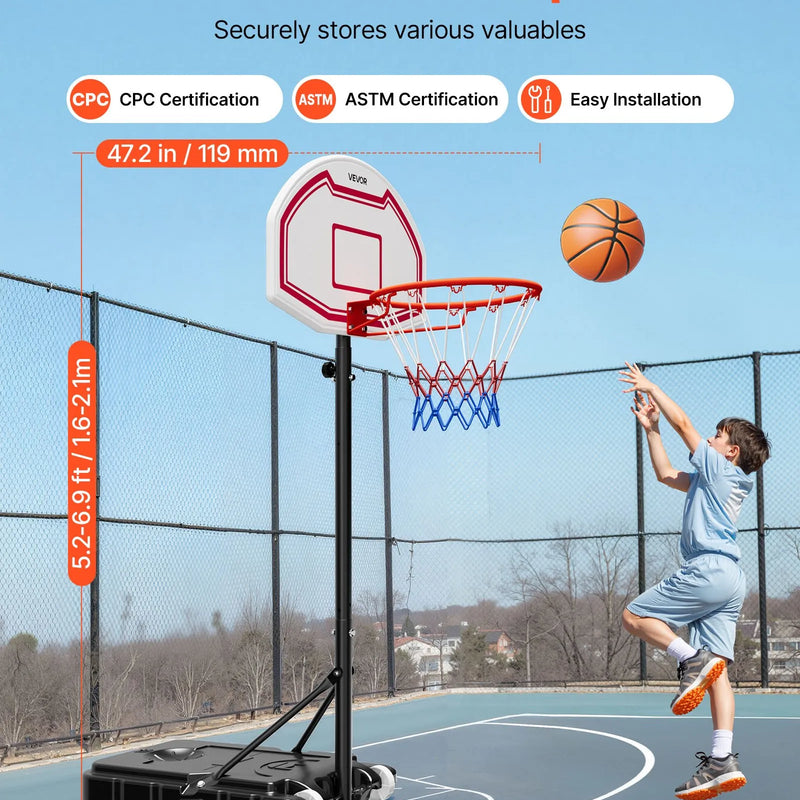 VEVOR pārnēsājams basketbola statīvs ar regulējamu augstumu 1,6–2,1 m, bērnu basketbola grozs ar neilona tīklu un riteņiem, pārnēsājams vairoga komplekts terasēm un baseina zonai