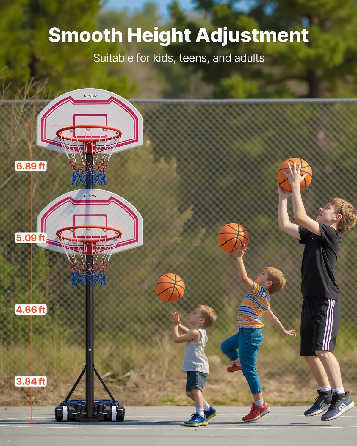 VEVOR pārnēsājams basketbola statīvs ar regulējamu augstumu 1,6–2,1 m, bērnu basketbola grozs ar neilona tīklu un riteņiem, pārnēsājams vairoga komplekts terasēm un baseina zonai