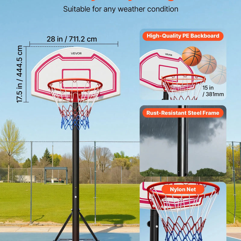 VEVOR pārnēsājams basketbola statīvs ar regulējamu augstumu 1,6–2,1 m, bērnu basketbola grozs ar neilona tīklu un riteņiem, pārnēsājams vairoga komplekts terasēm un baseina zonai