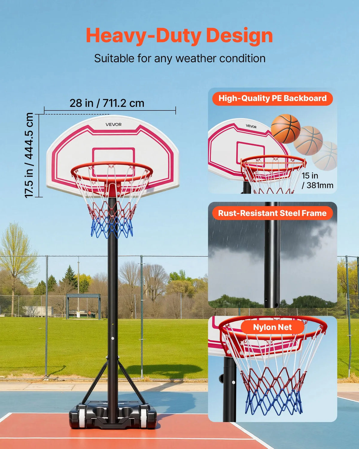 VEVOR pārnēsājams basketbola statīvs ar regulējamu augstumu 1,6–2,1 m, bērnu basketbola grozs ar neilona tīklu un riteņiem, pārnēsājams vairoga komplekts terasēm un baseina zonai