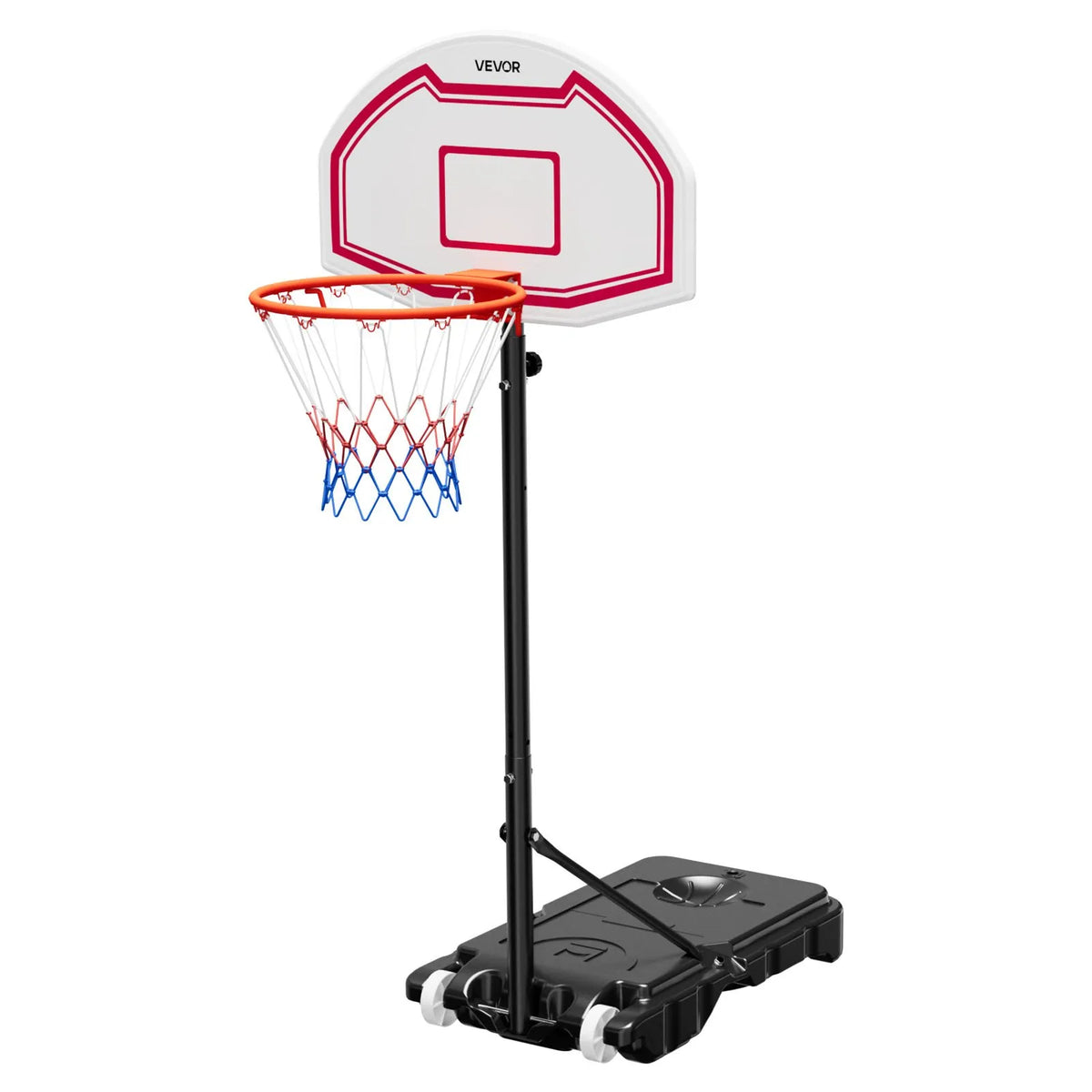 VEVOR pārnēsājams basketbola statīvs ar regulējamu augstumu 1,6–2,1 m, bērnu basketbola grozs ar neilona tīklu un riteņiem, pārnēsājams vairoga komplekts terasēm un baseina zonai