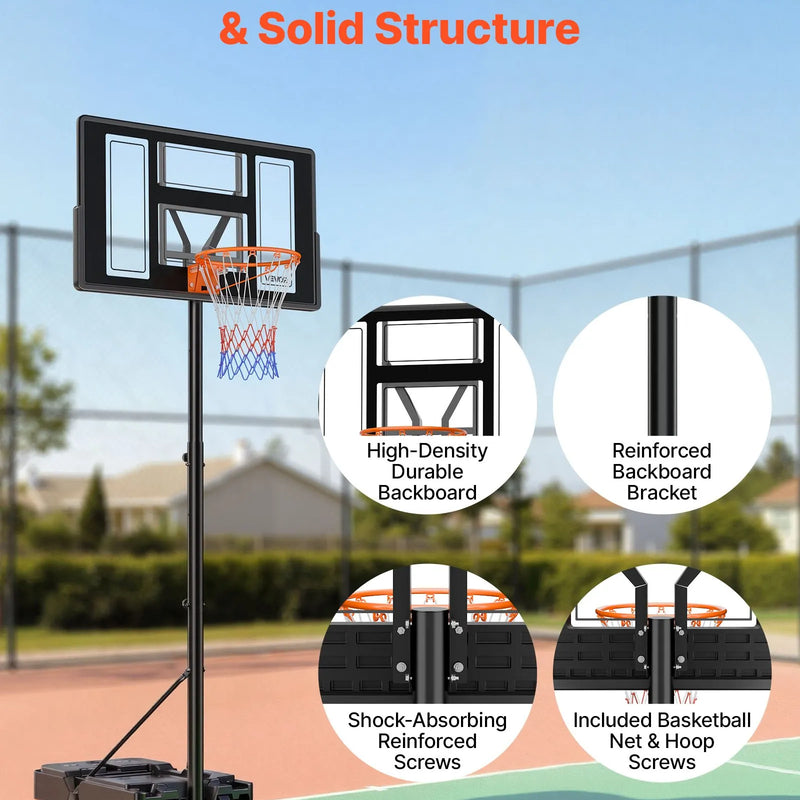 VEVOR pārvietojams basketbola statīvs ar augstuma regulēšanu 1,35–3,05 m, basketbola groza sistēma ar iebūvētiem riteņiem bērniem, pusaudžiem un pieaugušajiem piebraucamajiem ceļiem un baseina zonām