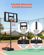 VEVOR pārvietojams basketbola statīvs ar augstuma regulēšanu 1,35–3,05 m, basketbola groza sistēma ar iebūvētiem riteņiem bērniem, pusaudžiem un pieaugušajiem piebraucamajiem ceļiem un baseina zonām