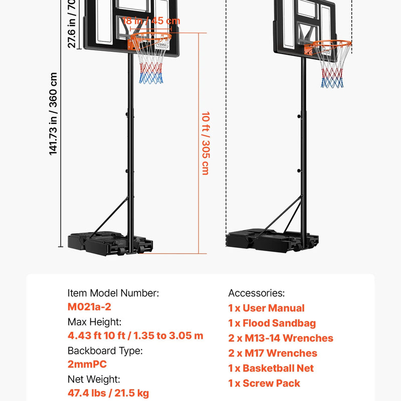 VEVOR pārvietojams basketbola statīvs ar augstuma regulēšanu 1,35–3,05 m, basketbola groza sistēma ar iebūvētiem riteņiem bērniem, pusaudžiem un pieaugušajiem piebraucamajiem ceļiem un baseina zonām