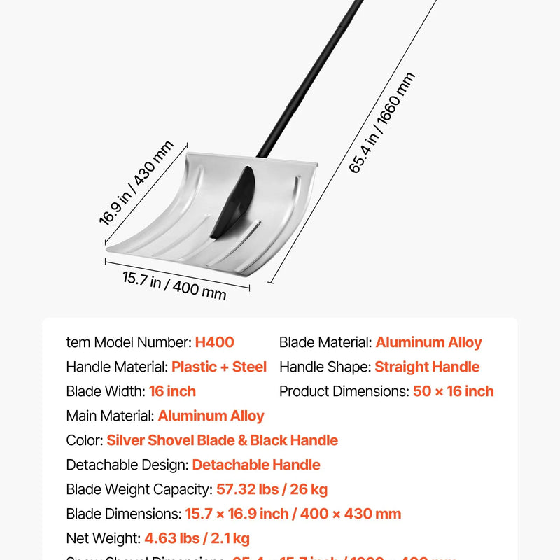 VEVOR sniega lāpsta celiņiem, 40 cm plata alumīnija lāpsta ar neslīdošu rokturi, lielas ietilpības viegla un saliekama sniega tīrīšanas ierīce dārzam, automašīnai un āra darbiem