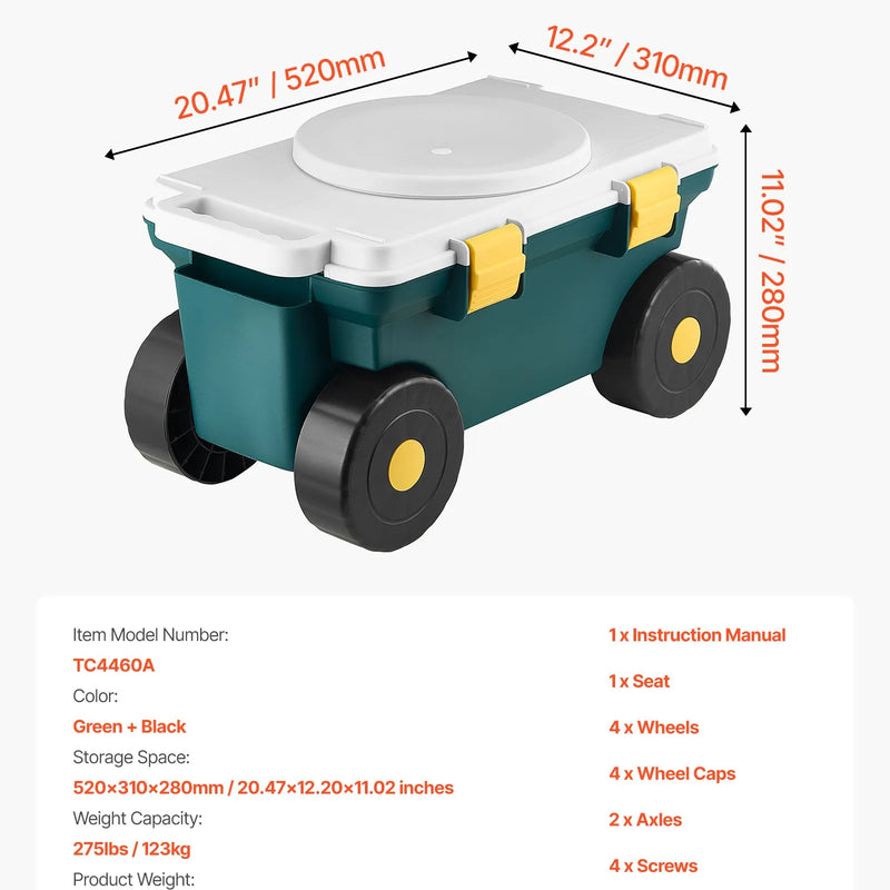 VEVOR dārza skrejrati ar sēdekli, 2 vienā ripojošs dārza ratiņš ar uzglabāšanas kasti, kravnesība līdz 123 kg, āra rati ar rokturi, viegls dārza sēdeklis ravēšanai un stādīšanai pagalmā
