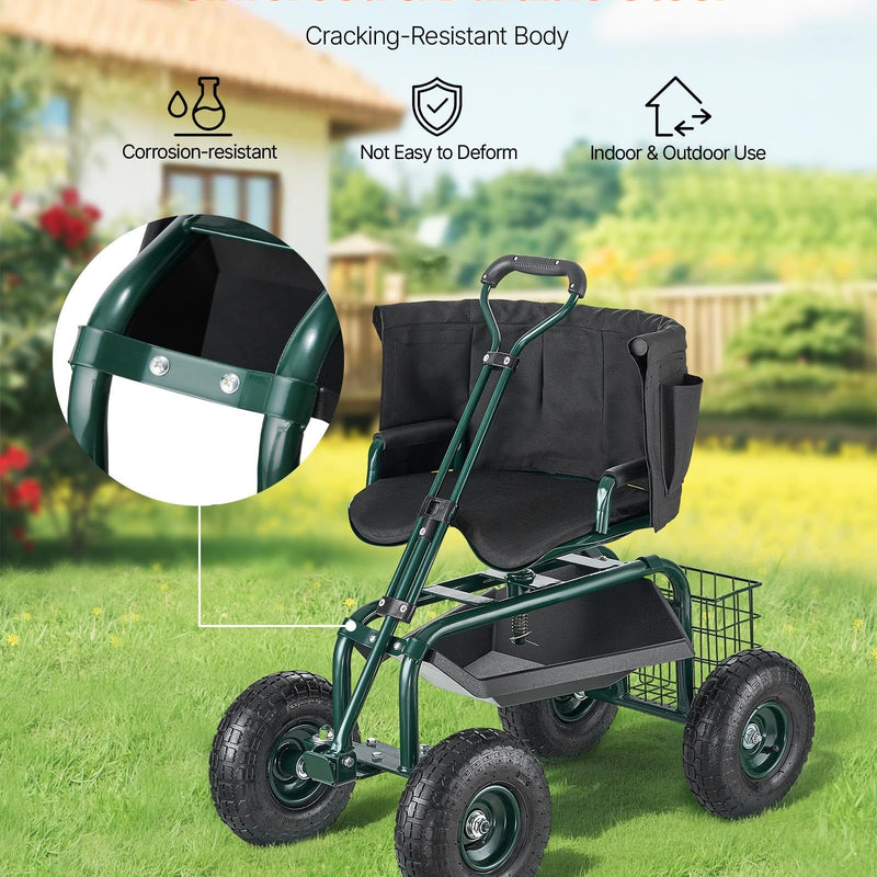 VEVOR dārza sēdeklis ar riteņiem, ripojošs dārza sols ar regulējamu augstumu un 360° rotējošu sēdvietu, kravnesība līdz 181 kg, dārza rati ar ergonomisku atzveltni un instrumentu uzglabāšanu, piemērots dārzam, pagalmam un terasei