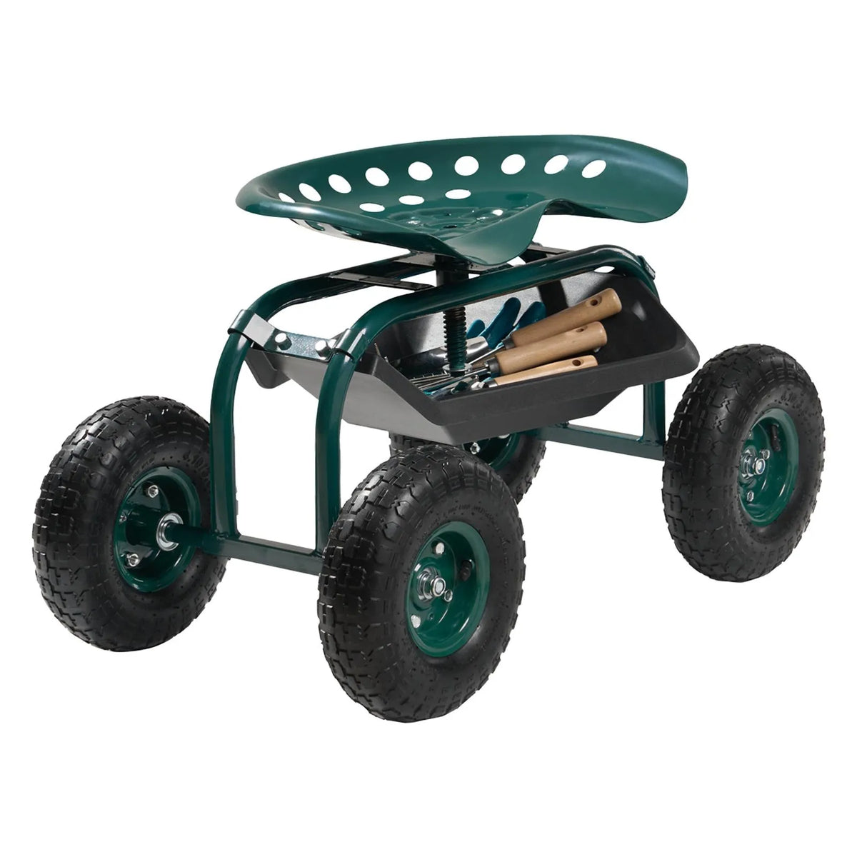 VEVOR Ritošais dārza ratiņkrēsls ar grozāmu sēdekli, dārza sēdeklis ar uzglabāšanas grozu un instrumentu paplāti, 136 kg nestspēja, āra dārza krēsls-skūteris ravēšanai un stādīšanai